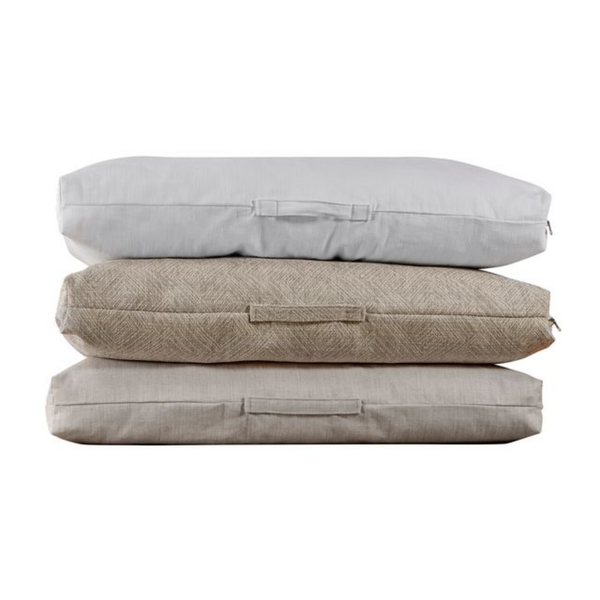 Bowsers The Avenue tufted pillow dog beds in Pure White, Natura and Parchment fabrics