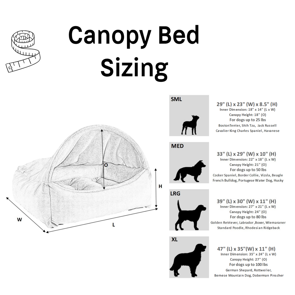 Bowsers Canopy dog bed size chart with dimensions and recommended dog weights