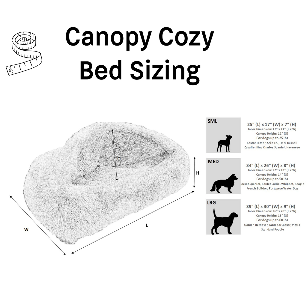 Bowsers Canopy Cozy dog bed size chart with dimensions and recommended dog weights