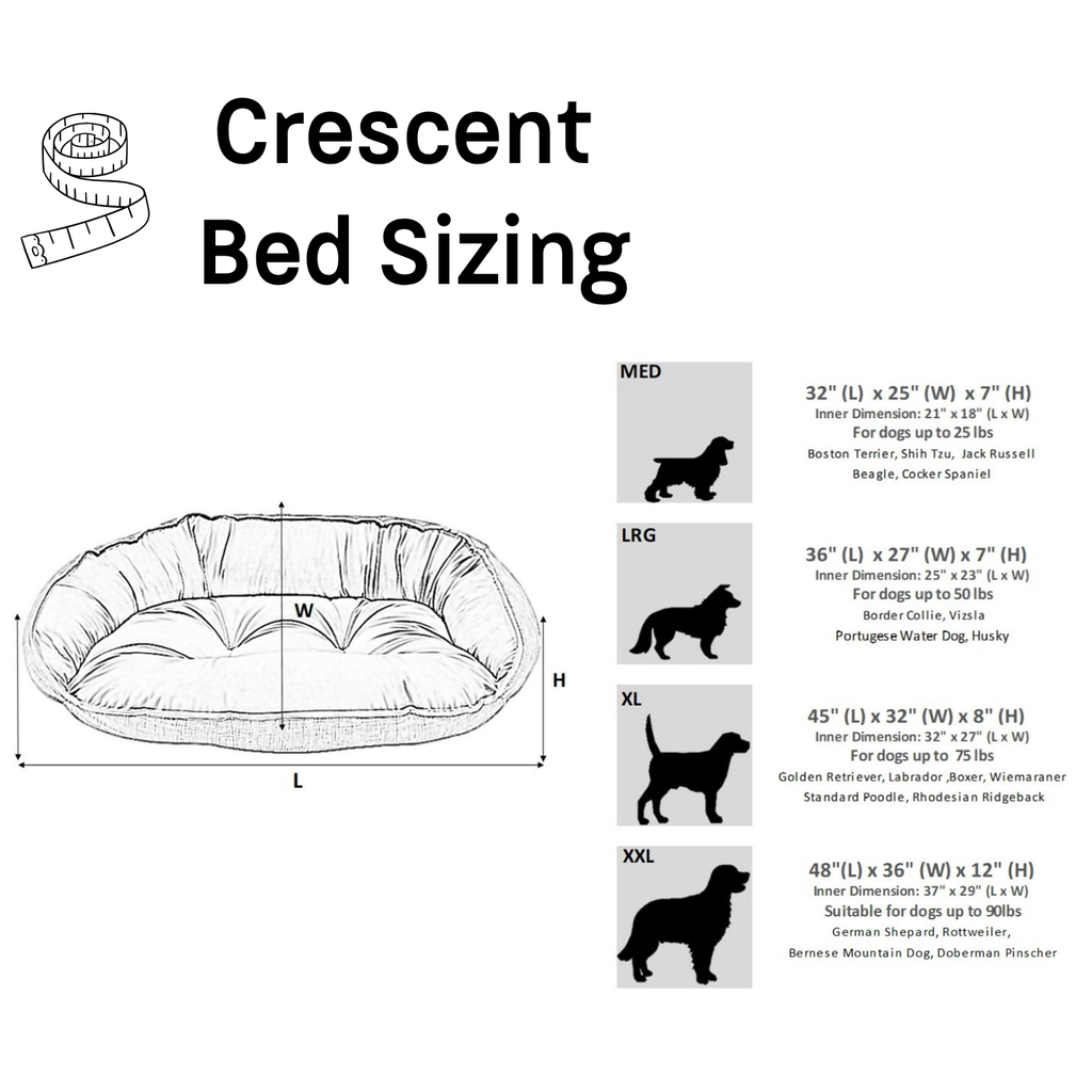 Crescent bed sizing chart with dimensions and dog silhouette illustrations.