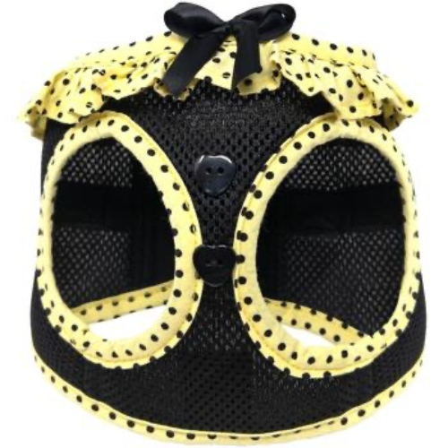 Doggie Design Polka Dot American River Dog Harness — Black + Yellow Front View