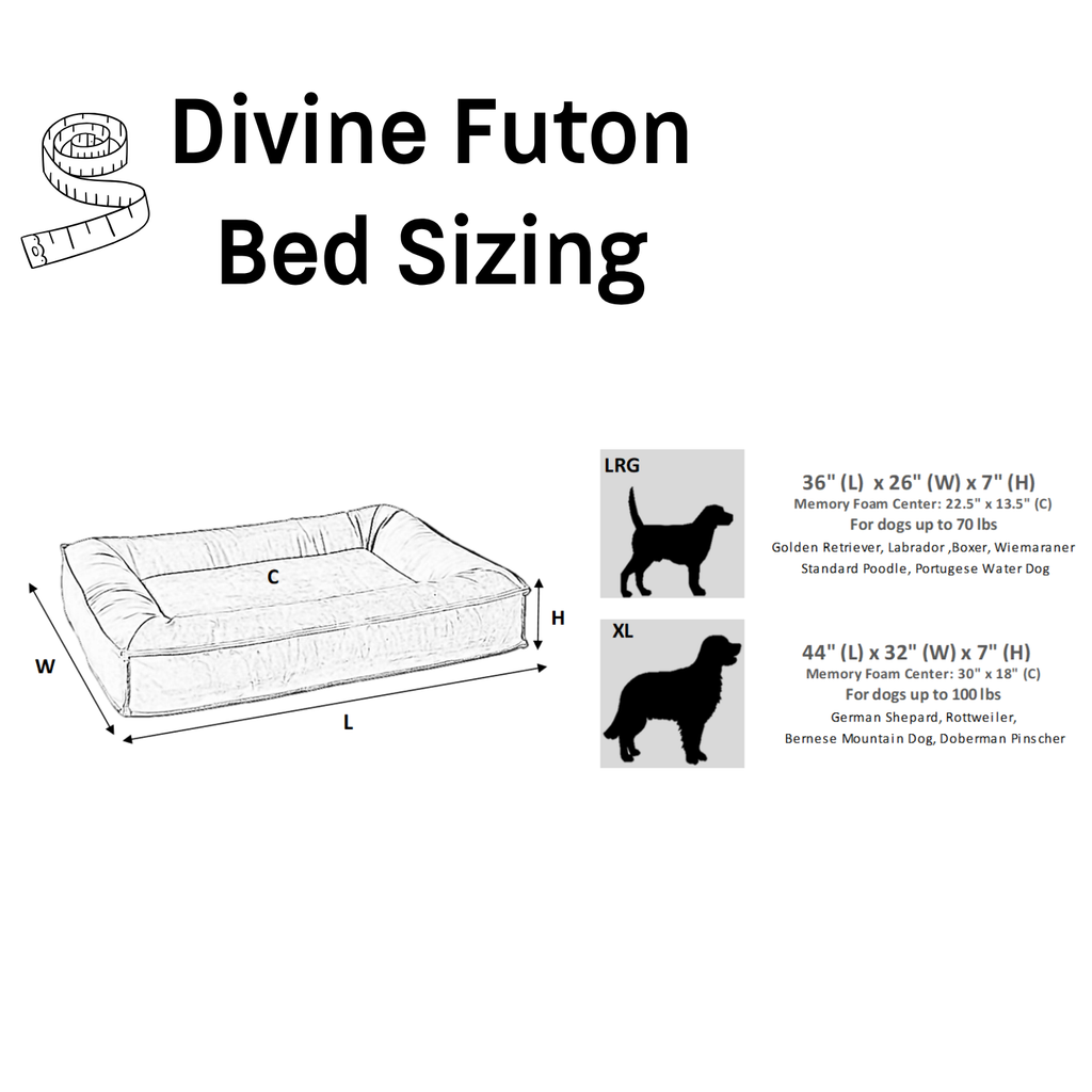 Bowsers Divine Futon dog bed size chart with dimensions and recommended dog weights