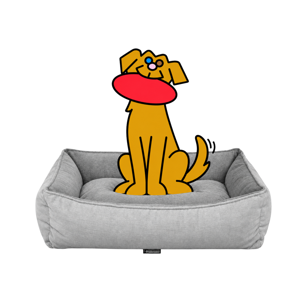 Bowsers B Lounge dog bed in light gray with the illustrated Fetch dog sitting upright, holding a red frisbee in his mouth.