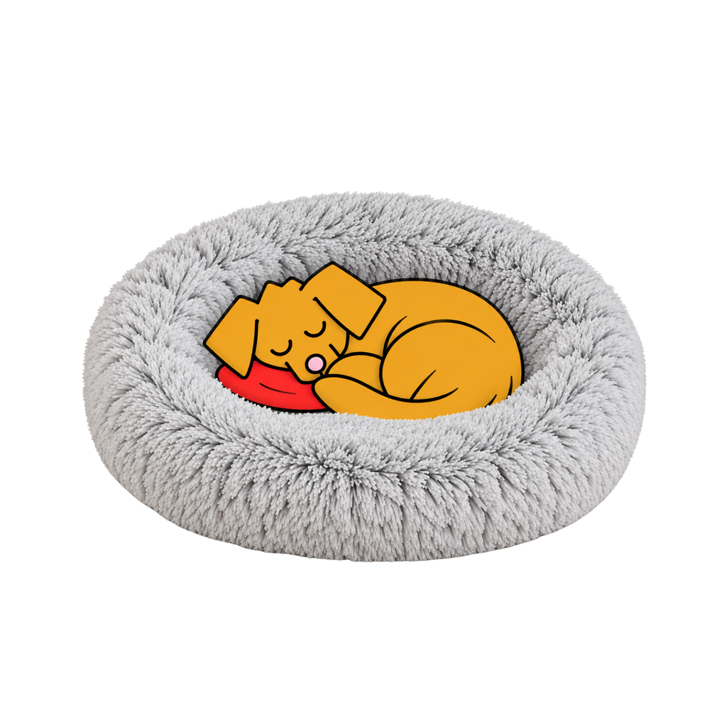 Bowsers Icelandic Shag dog bed in gray with the illustrated Fetch dog curled up asleep on a red frisbee.