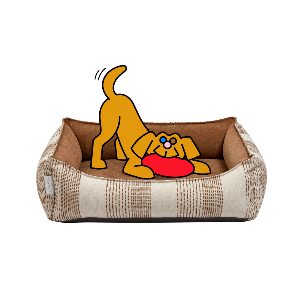 Bowsers Oslo Ortho dog bed in neutral plaid with the illustrated Fetch dog stretching over a red frisbee.