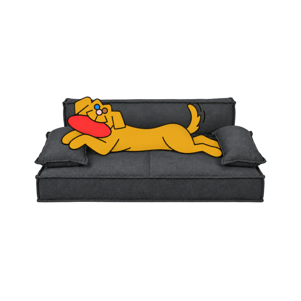 Bowsers Scandinave Sofa dog bed in charcoal with the illustrated Fetch dog stretched out across the cushions.