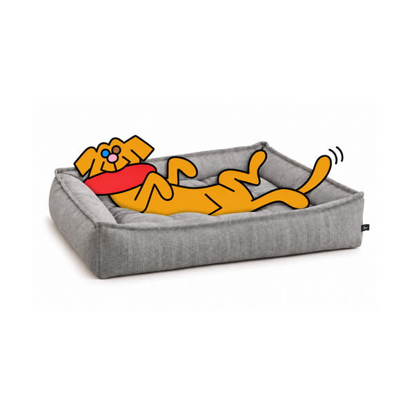 Bowsers Sterling Lounger dog bed in gray with the illustrated Fetch dog reclining belly-up with a red frisbee.