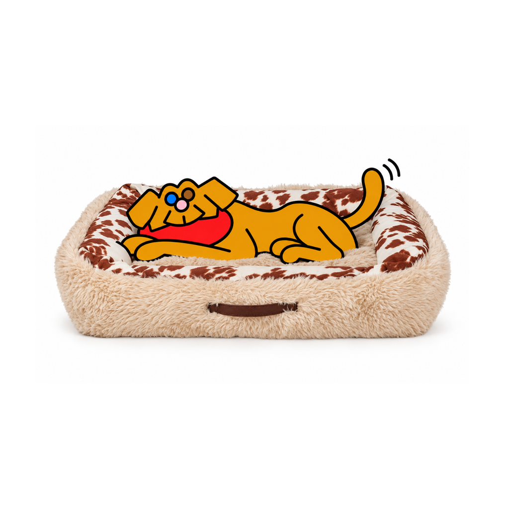 Bowsers The Dude dog bed with a cream plush exterior and patterned cushion, featuring the illustrated Fetch dog relaxing.