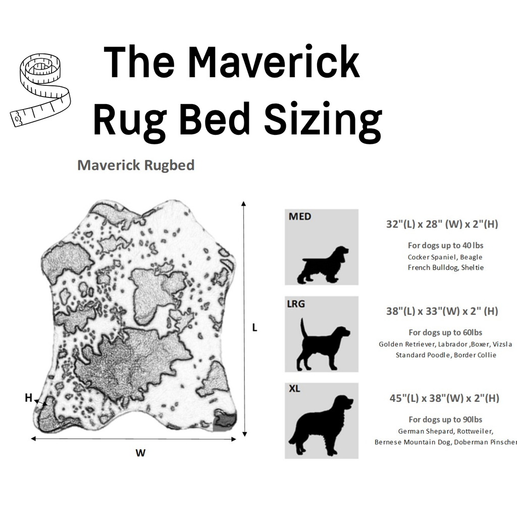 Bowsers Maverick Rugbed size chart for Medium Large and XL orthopedic dog beds
