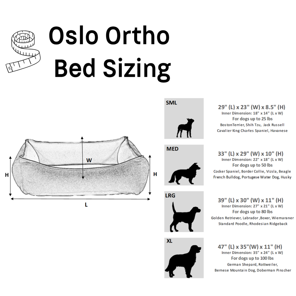 Bowsers Oslo Ortho dog bed size chart with dimensions and recommended dog weights