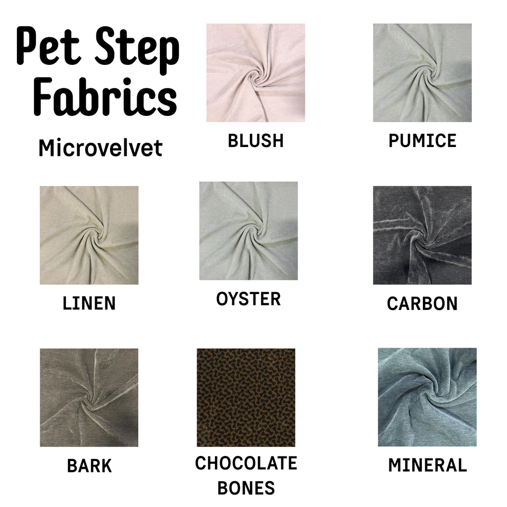 Bowsers Pet Steps Microvelvet fabric options - Blush, Pumice, Linen, Oyster, Carbon, Bark, Chocolate Bones and Mineral