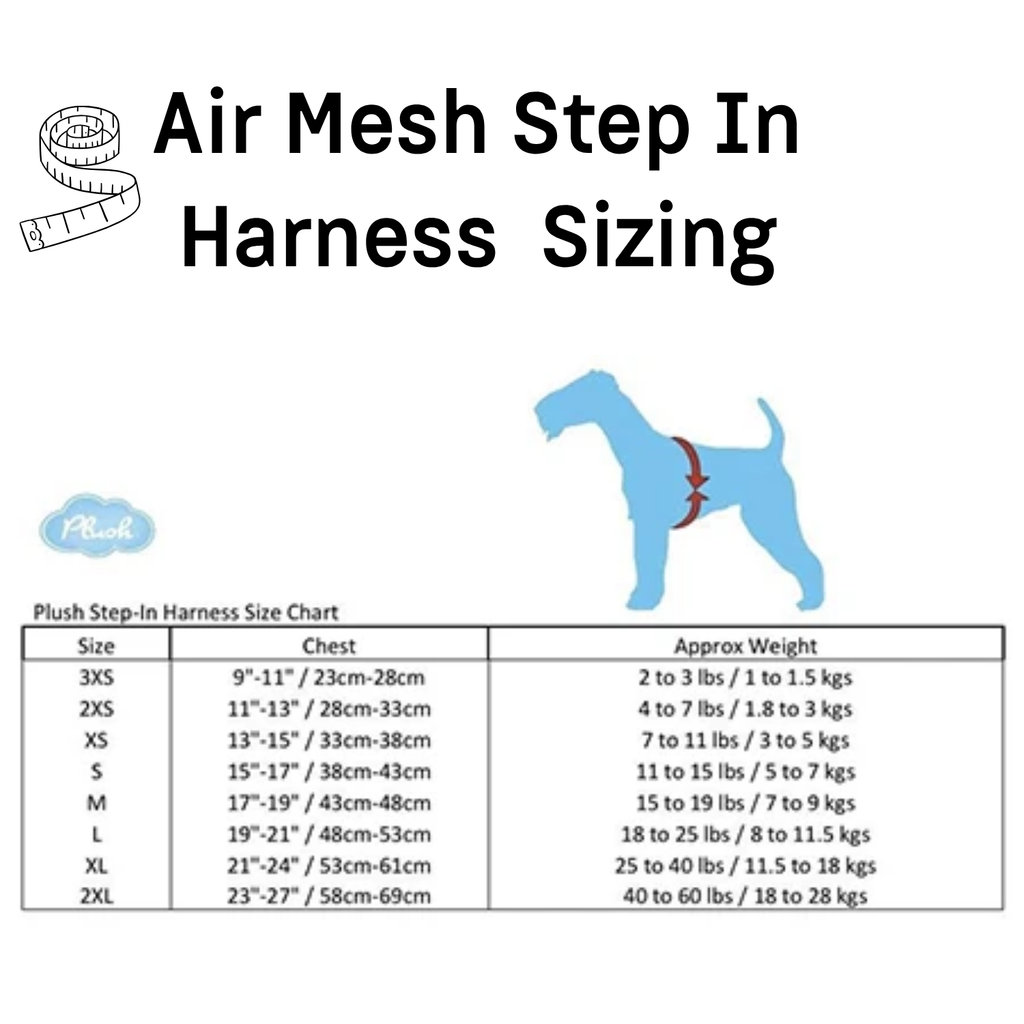 Plush Air Mesh Step-In Dog Harness size chart showing chest measurements and recommended weights from 3XS to 2XL