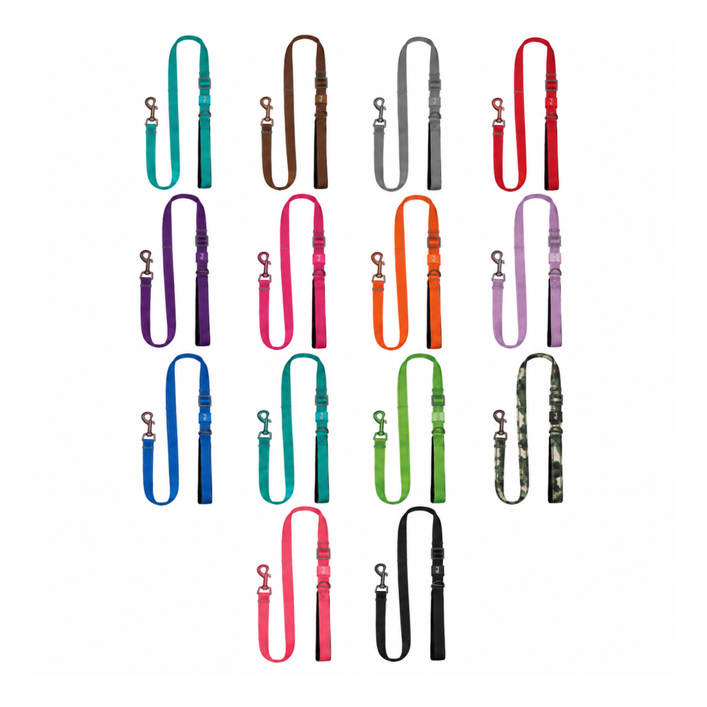 Plush USA Adjustable Reflective Dog Leash in 14 available colors, featuring adjustable length, reflective nylon webbing, padded handle and lightweight metal leash clip.