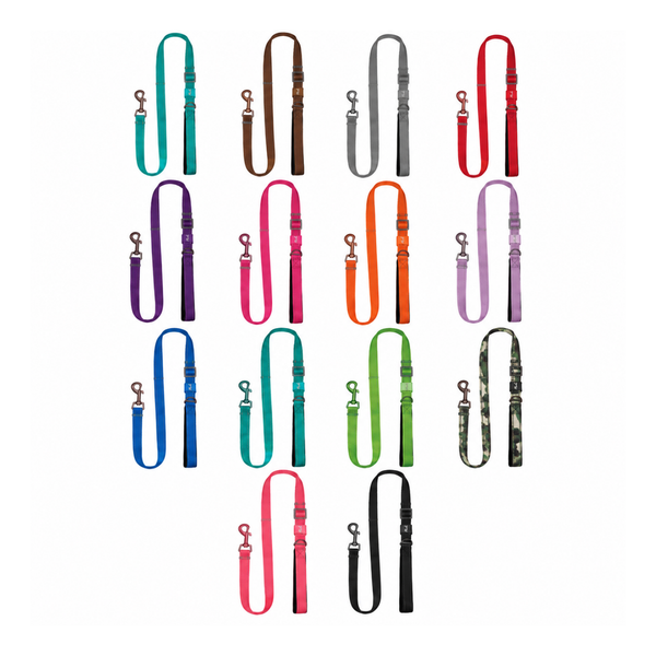 Plush USA Adjustable Reflective Dog Leash in 14 available colors, featuring adjustable length, reflective nylon webbing, padded handle and lightweight metal leash clip.