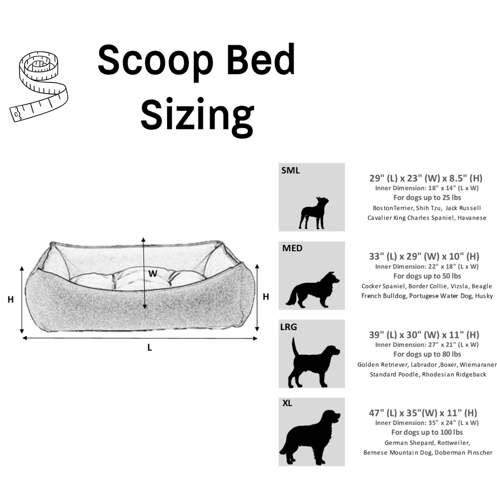 Bowsers Scoop dog bed size chart with dimensions and recommended dog weights