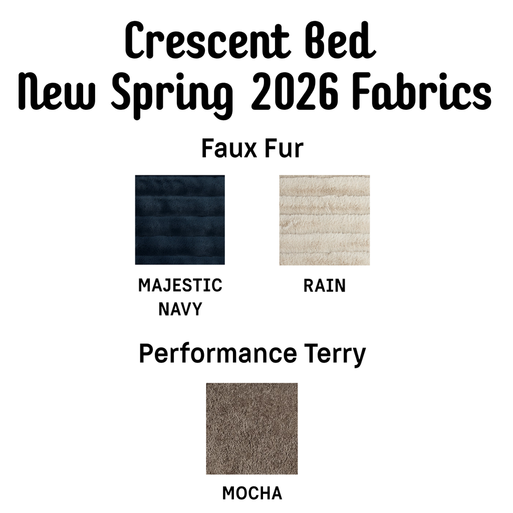 Bowsers Crescent Bed new 2026 fabrics color swatches Majestic Navy Rain and Mocha options