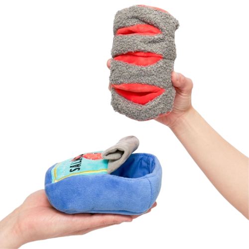 Tinned salmon two-piece dog toy with treat pockets and crinkle paper for enrichment play
