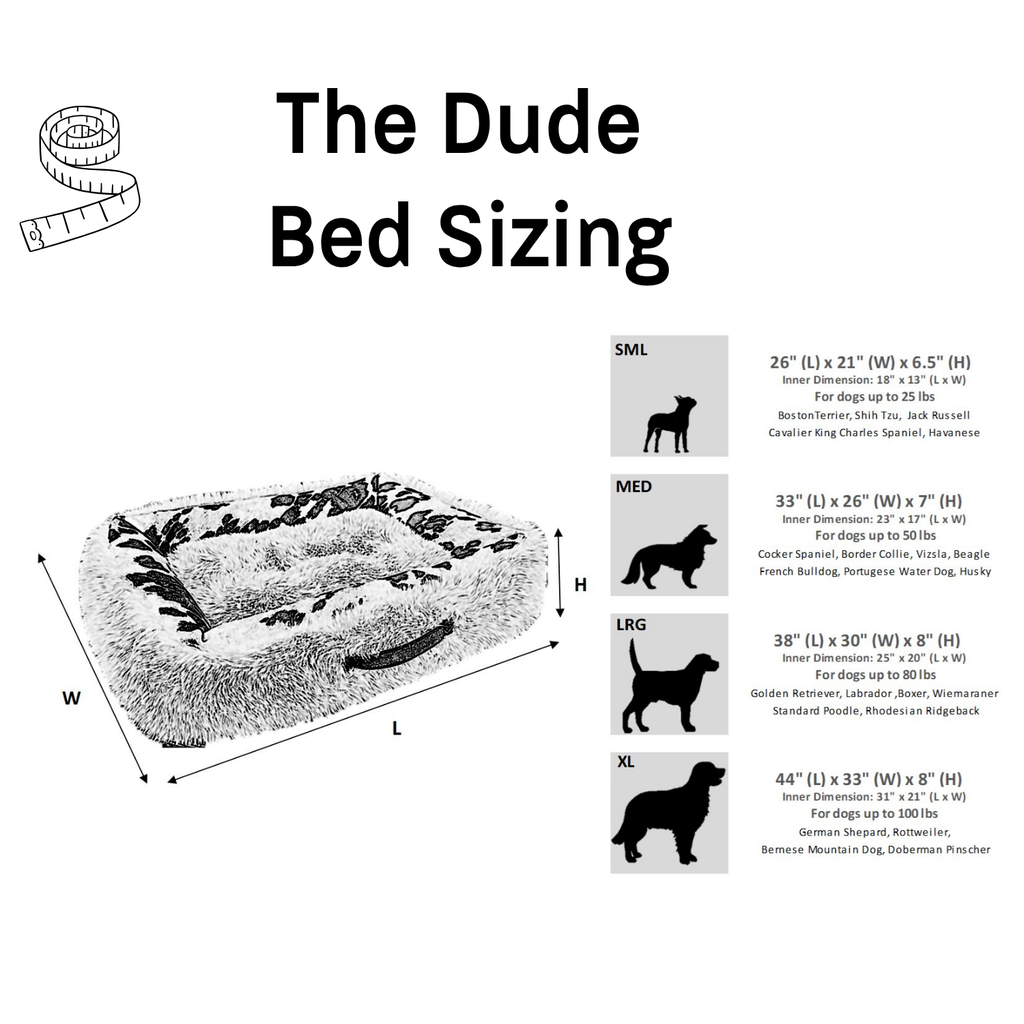 Bowsers The Dude dog bed size chart with outer and inner dimensions and recommended dog weights