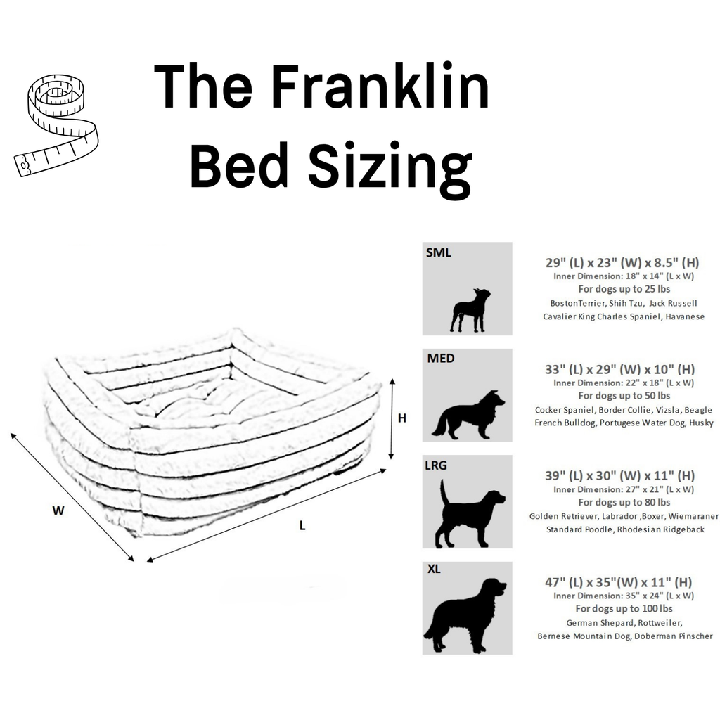 Size chart for Bowsers The Franklin dog bed.