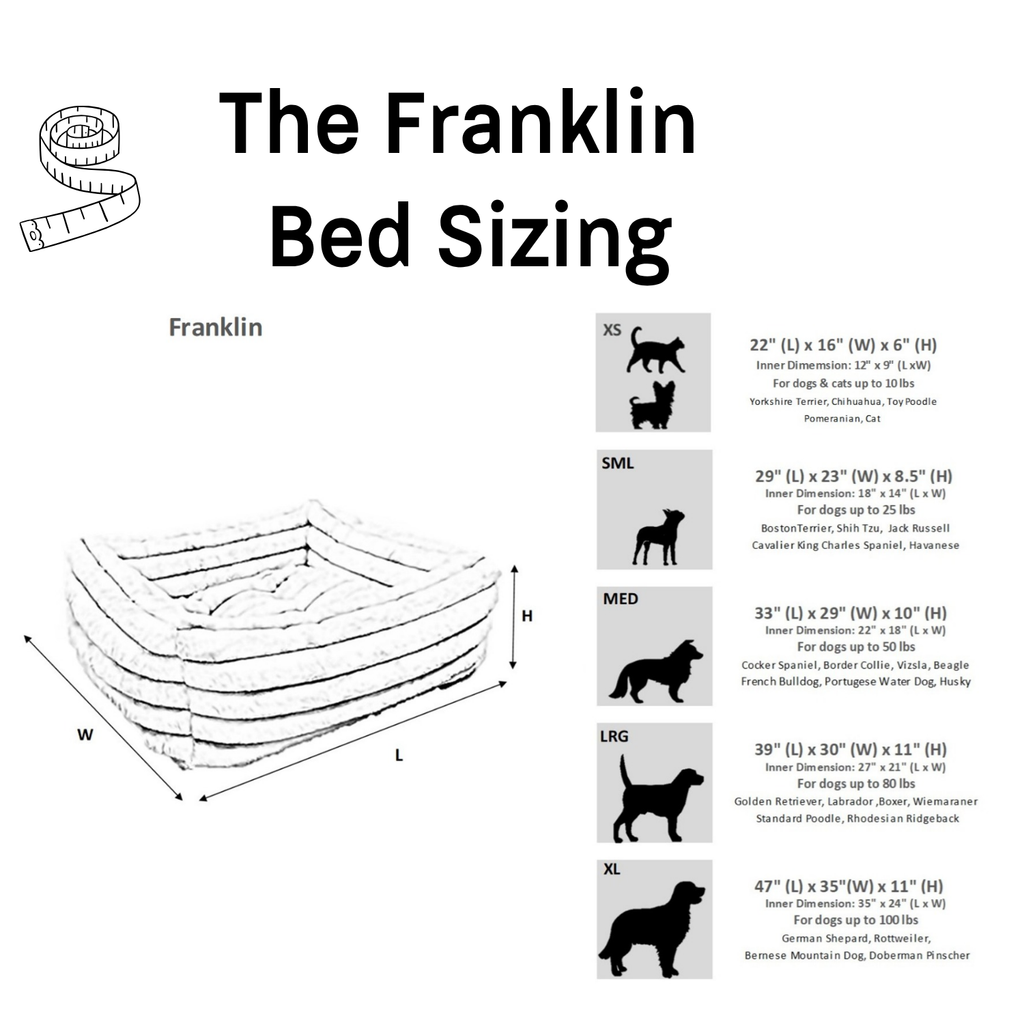 Size chart for Bowsers The Franklin dog bed.