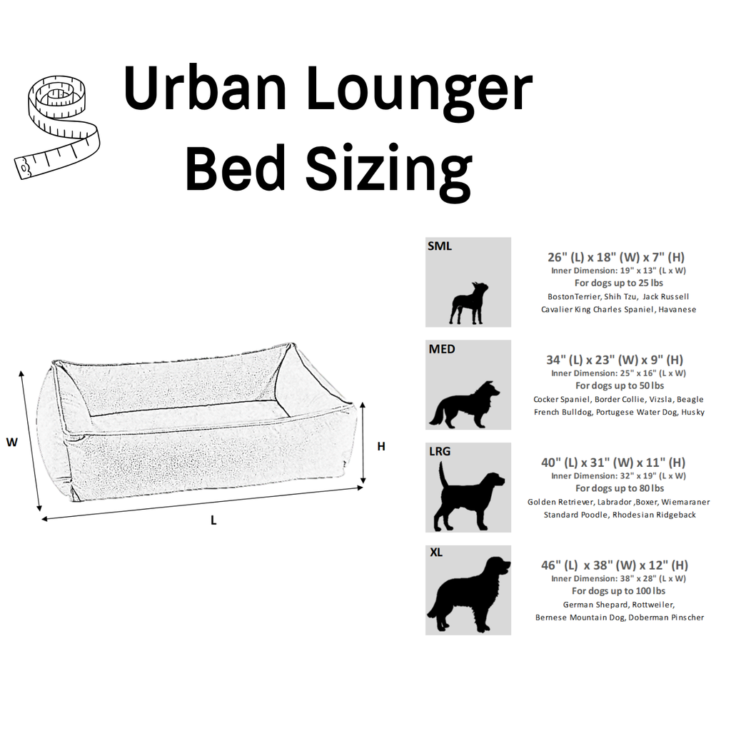 Bowsers Urban Lounger dog bed size and dimensions chart