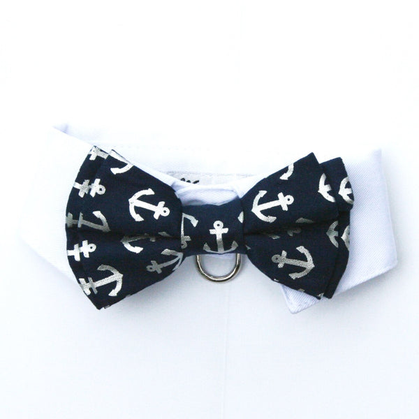 Dog In The Closet White Shirt Collar With Navy Anchor Bow Tie Dog Collar