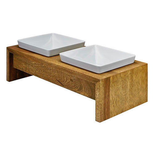 Artisan Rubberwood Double Elevated Dog Bowl Feeder — Bamboo