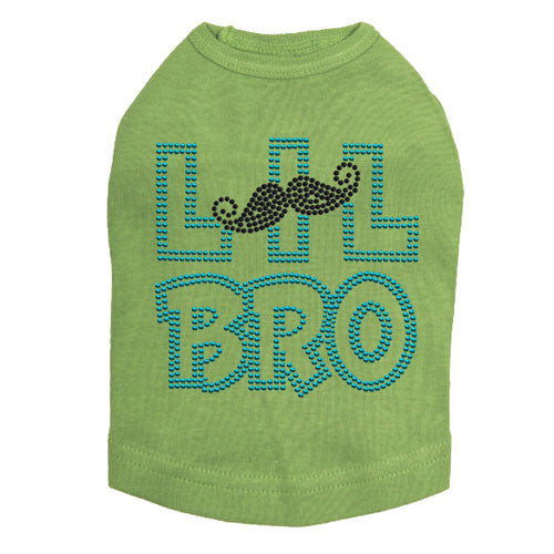 Dog In The Closet Lil Bro Brother Mustache Rhinestone Dog Tank Shirt Lime Green