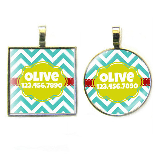 Sofa City Sweethearts Chevron Stripes Resin Art Dog ID Tag — Teal