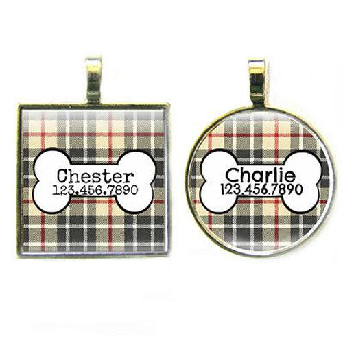 Sofa City Sweethearts Preppy Tan Plaid Resin Art Dog ID Tag