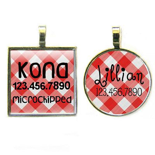 Sofa City Sweethearts Picnic Plaid Resin Art Dog ID Tag — Red