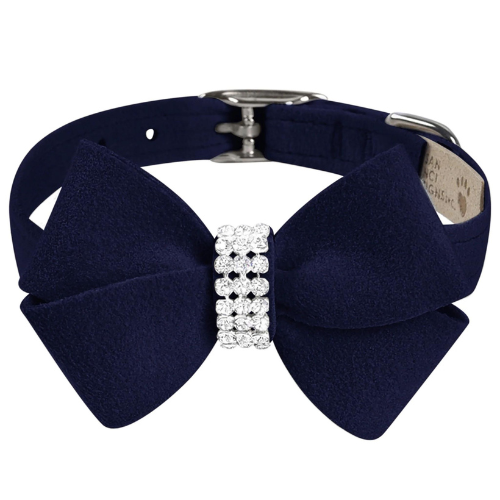 Susan Lanci Designs Nouveau Bow Crystal Ultrasuede Dog Collar — Indigo