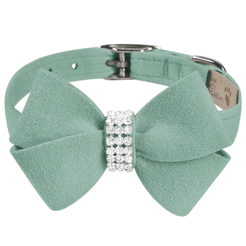 Susan Lanci Designs Nouveau Bow Crystal Ultrasuede Dog Collar — Mint